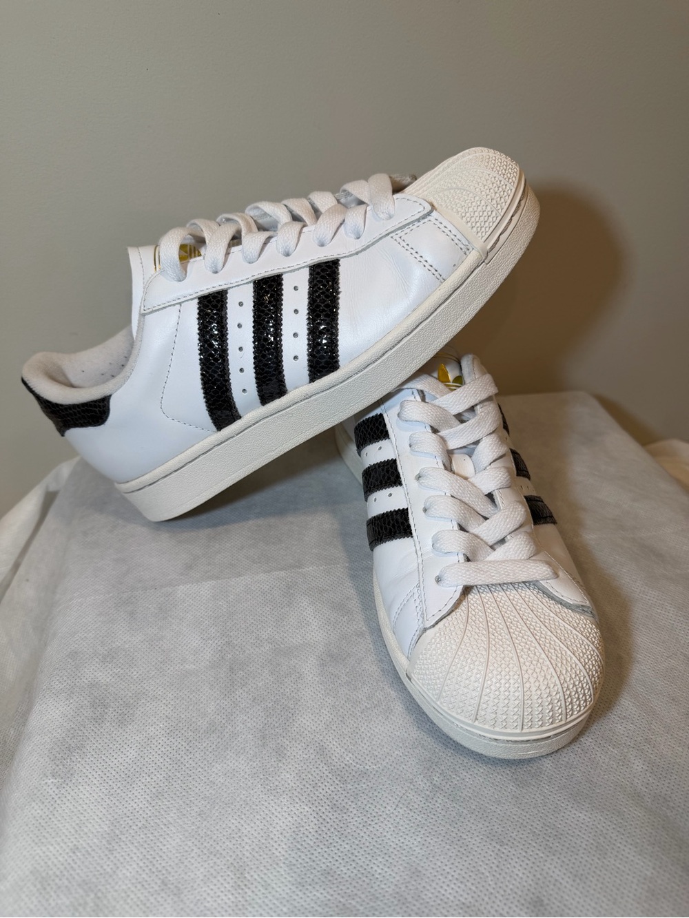 Women’s White Sneakers with Snakeskin Black Stripes - Classic Shell Toe